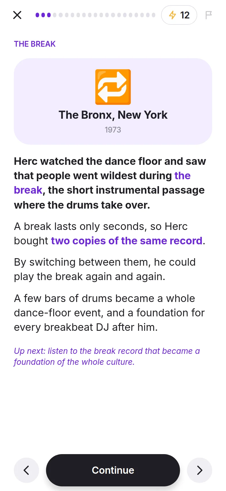 A lesson story card set in the Bronx in 1973