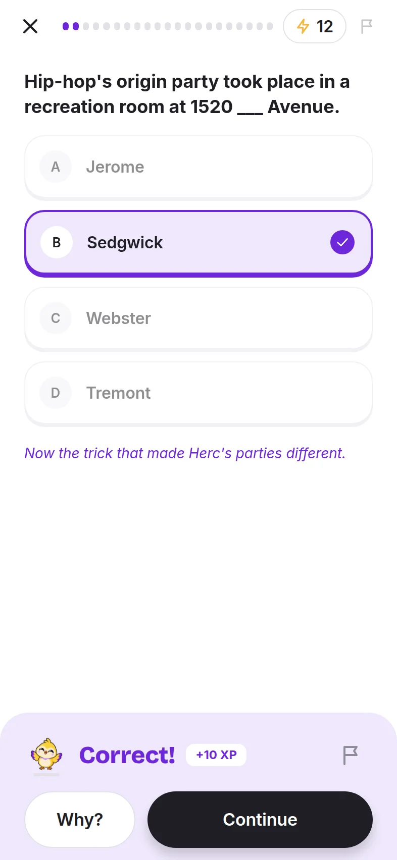 A quiz question answered correctly, earning 10 XP