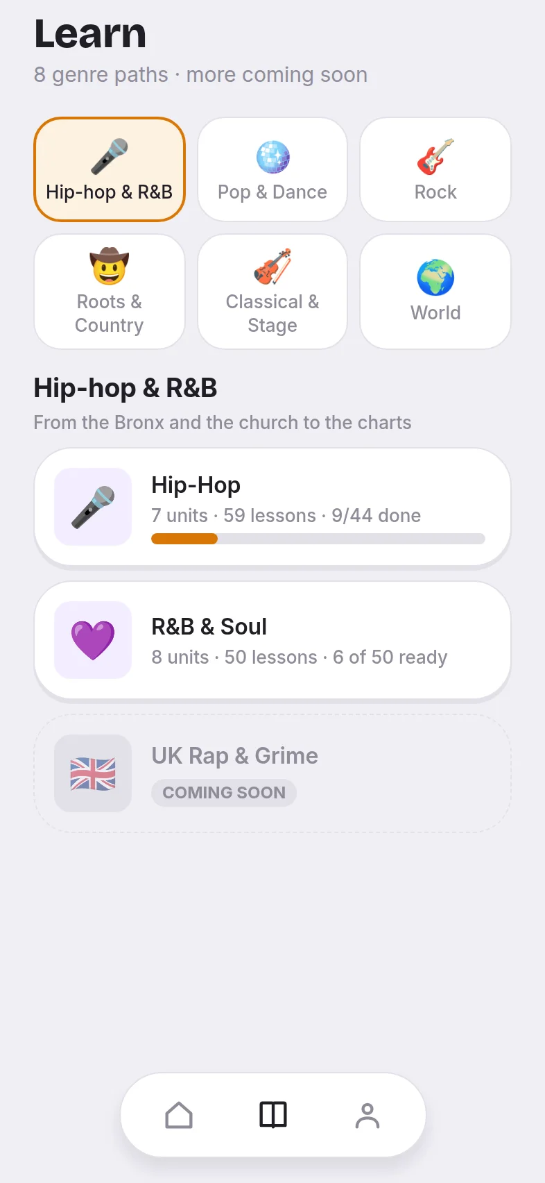 The Learn tab with genre paths: hip-hop, R&B, pop, rock, country, classical