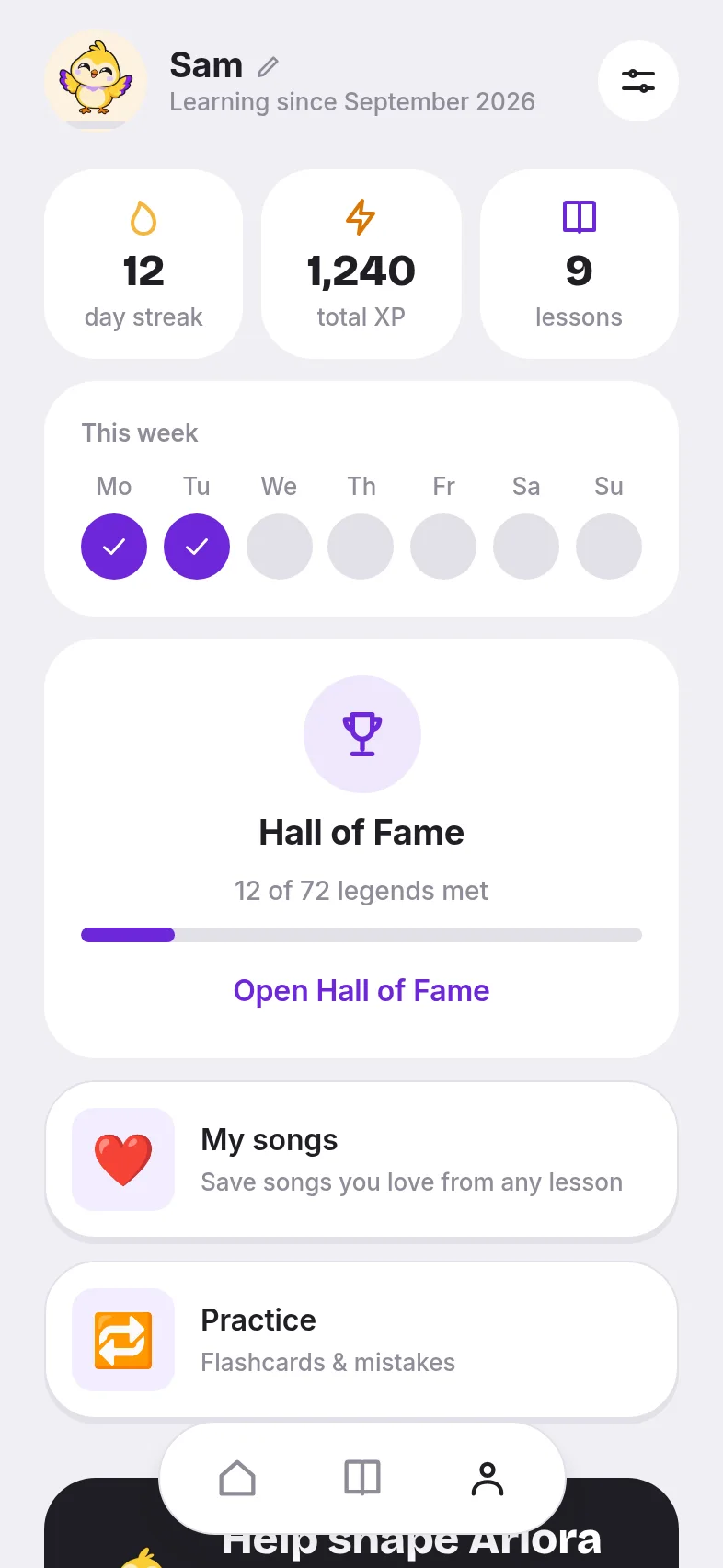 Profile with a 12-day streak, total XP and lessons done