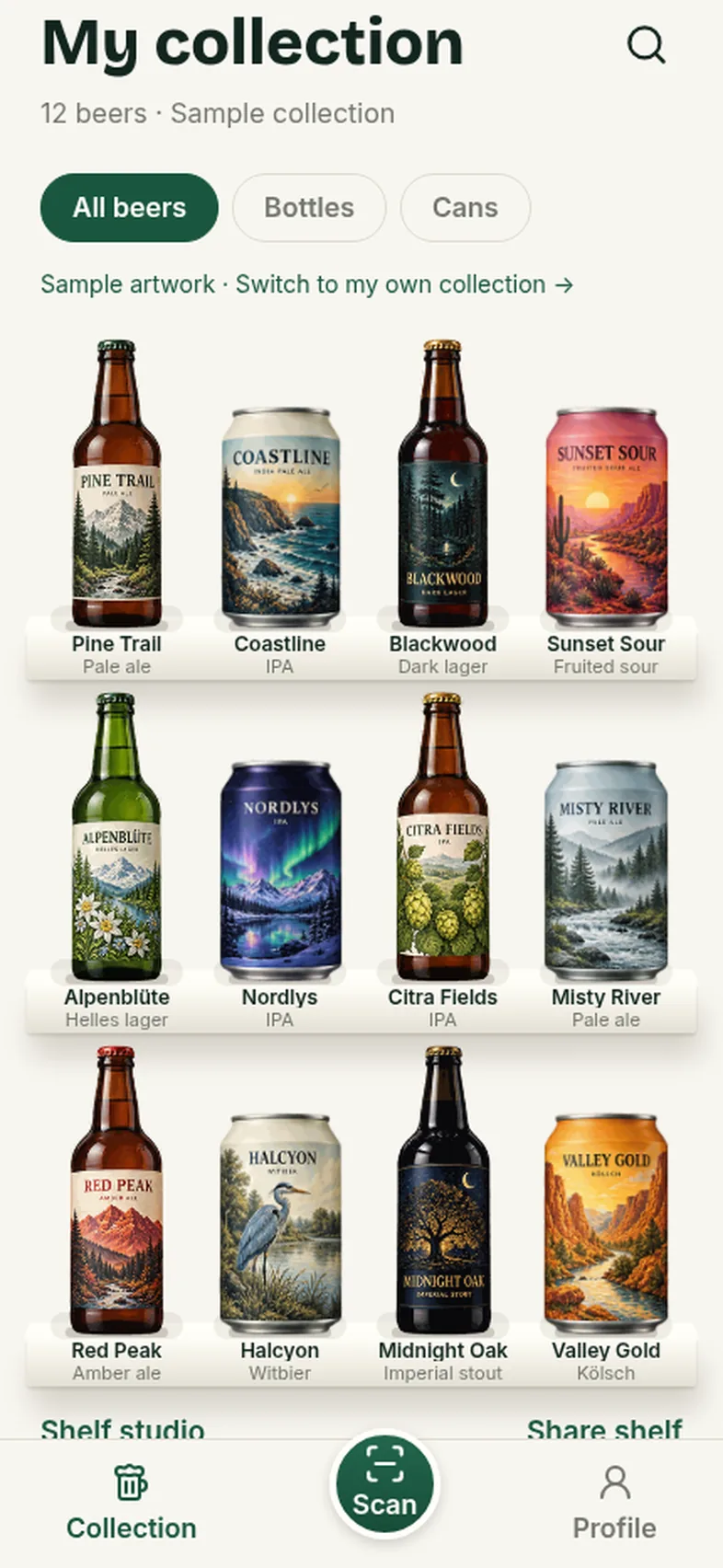 My collection: twelve beers, bottles and cans, standing on shelves in a grid