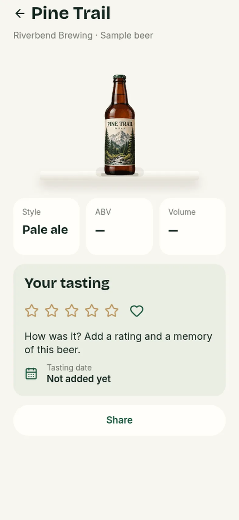 A beer’s page with its style, strength and volume, and a place for your rating and memory