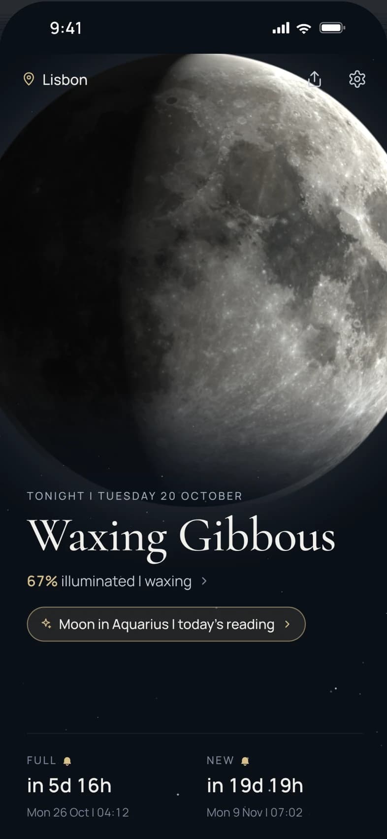 Tonight: a large waxing gibbous moon, 67% illuminated, with countdowns to the next full and new moon