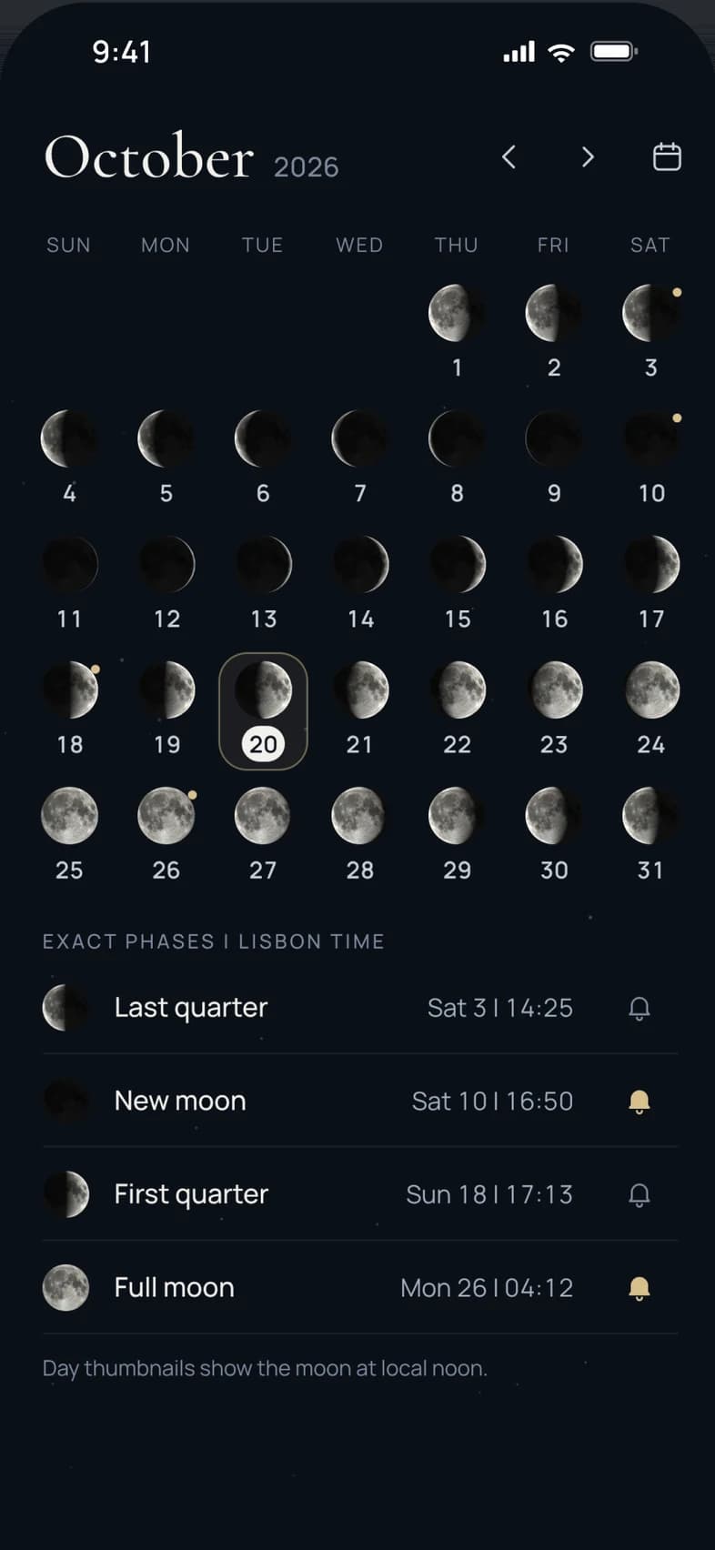An October calendar with a moon for every day and the exact time of each quarter, new and full moon