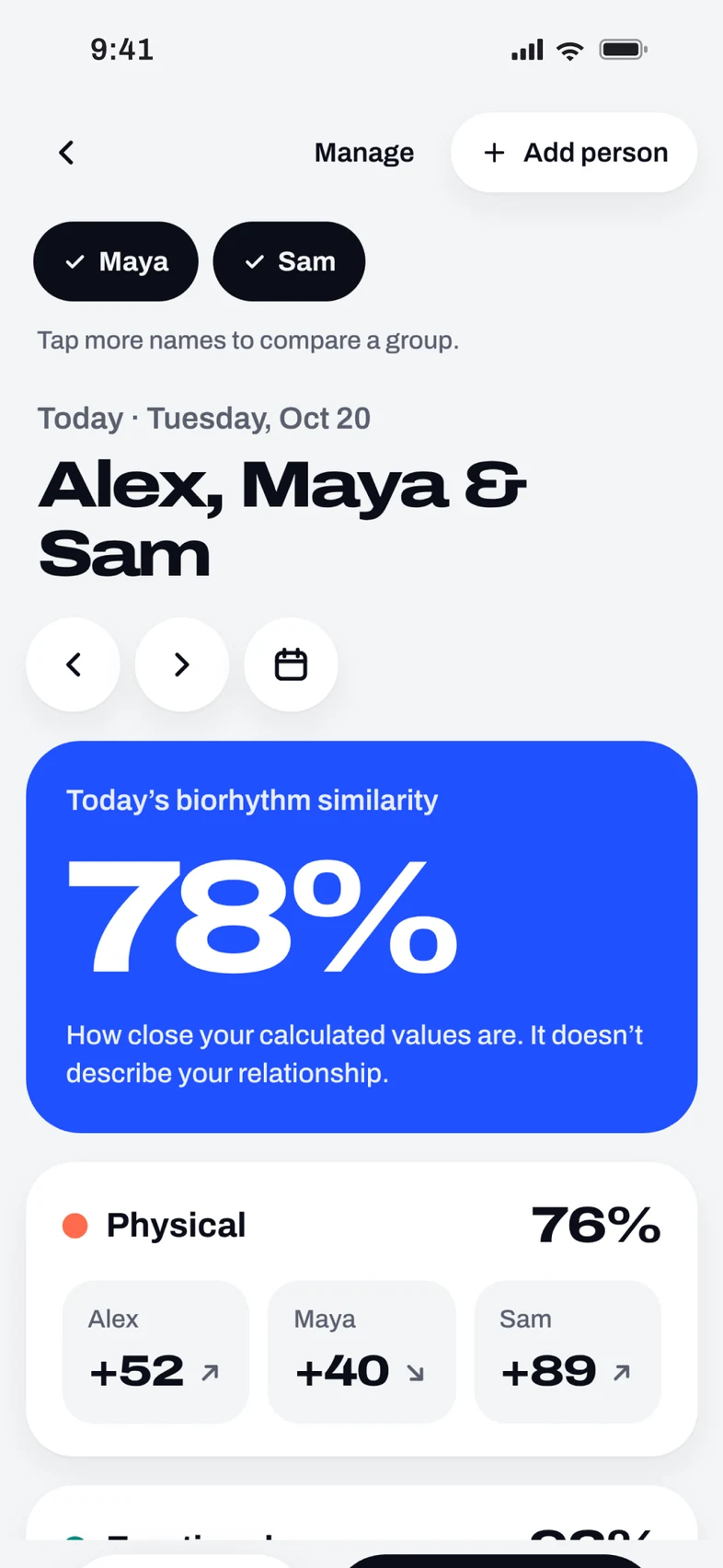 Compare: Alex, Maya and Sam at 78% biorhythm similarity today, with values for each cycle