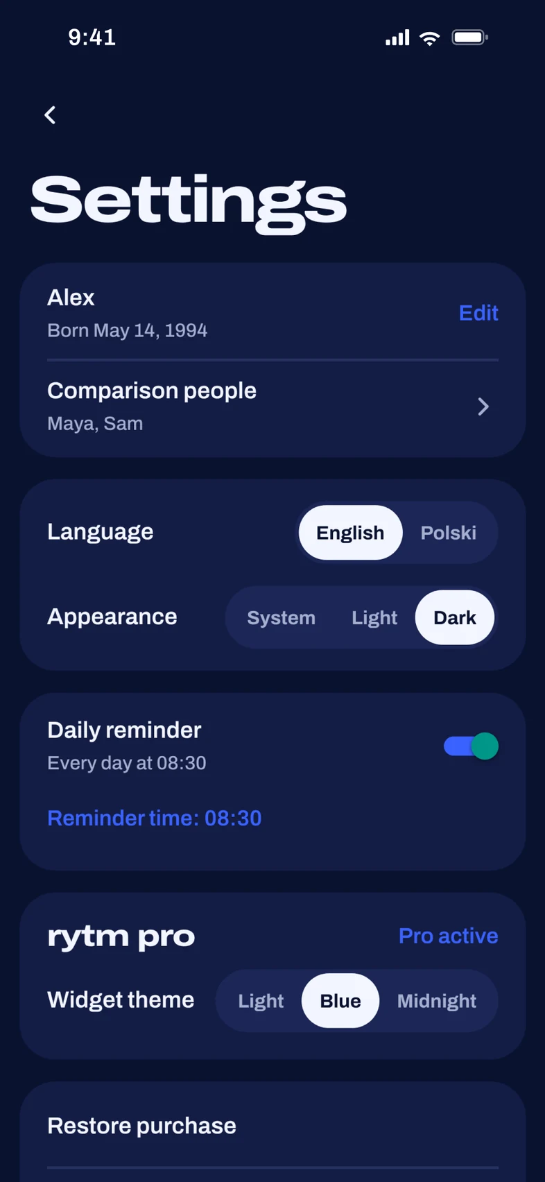 Settings in dark mode: a daily reminder at 08:30, English or Polish, and the Blue widget theme