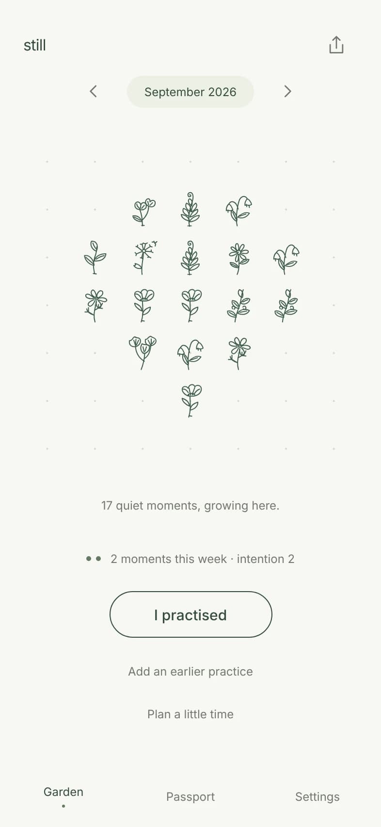 A September garden: seventeen small botanical drawings on a dotted canvas, with a button reading “I practised”