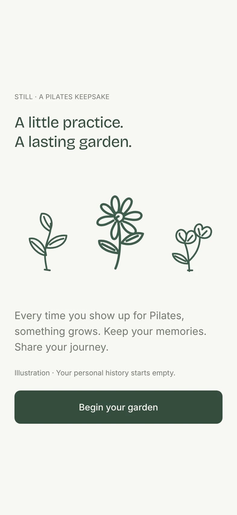 The welcome screen: “A little practice. A lasting garden.” with three line-drawn plants