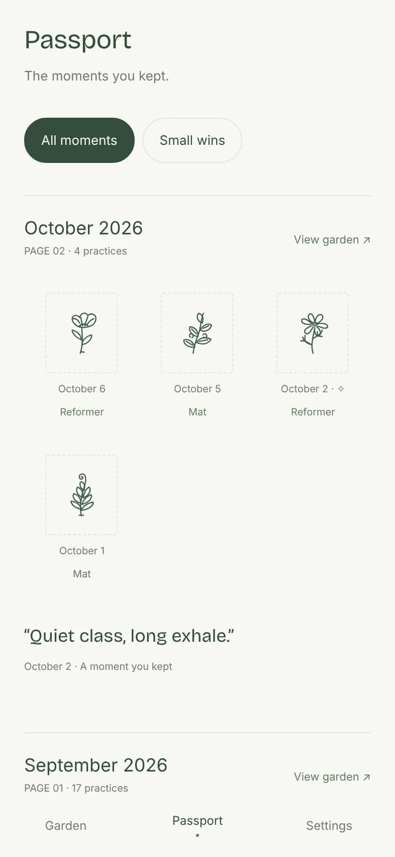 The passport: a page for each month with a dated botanical stamp for every practice and a kept memory
