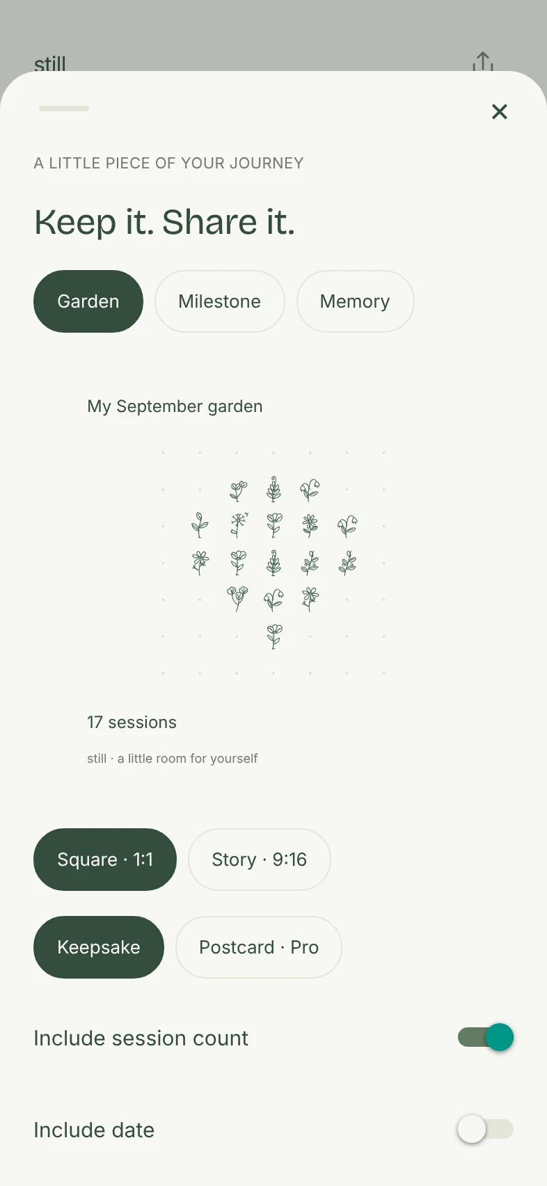 The share screen: choose a garden, milestone or memory card, with the private note and photo switched off by default