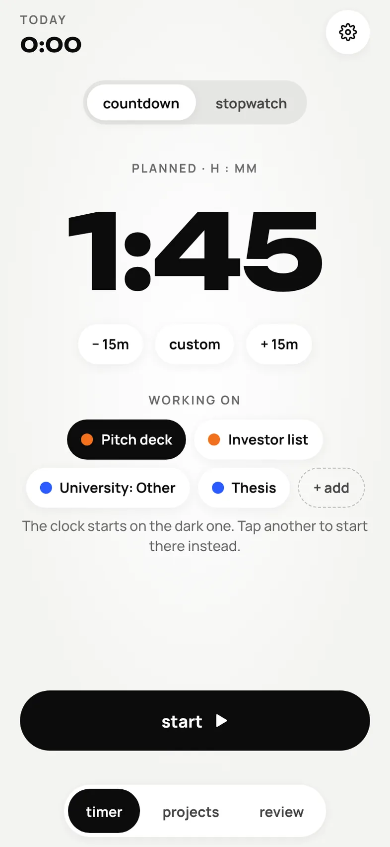 The timer screen: a 1:45 plan, with a project and three tasks lined up to work on and a start button