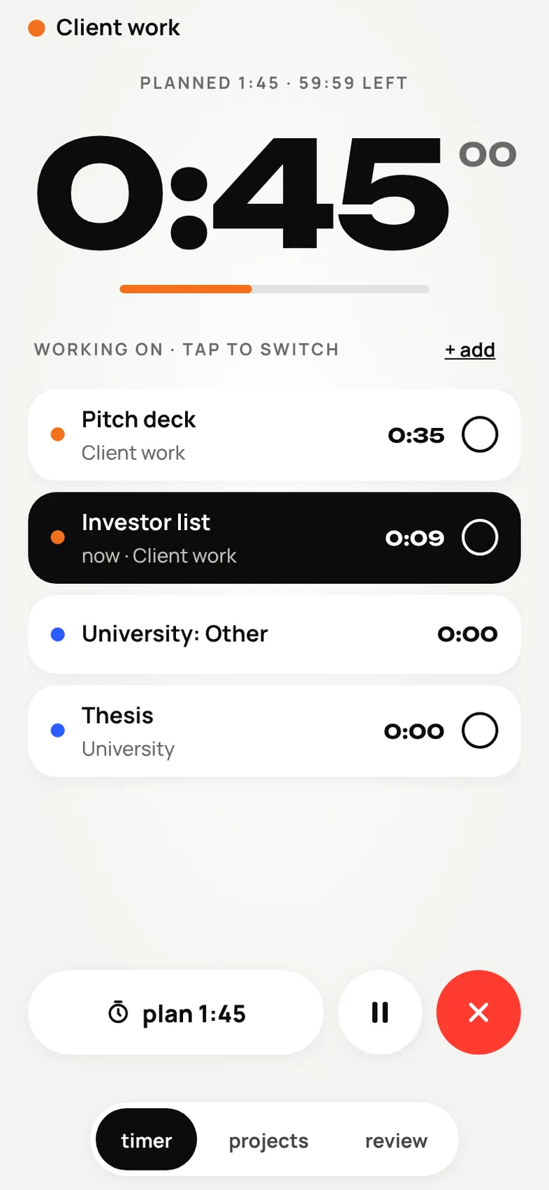 A running session at 0:45 of 1:45, with four tasks listed, the current one highlighted and the time spent on each